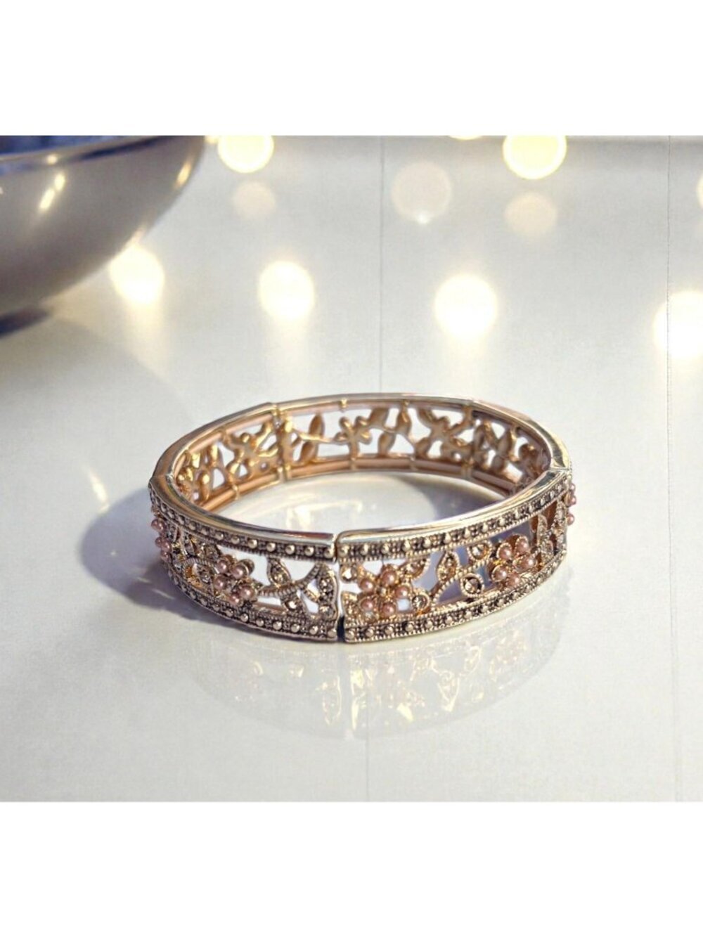 Monet Filagree Gold-Tone Hinged Bangle Bracelet Pink Floral & Crystal Accents